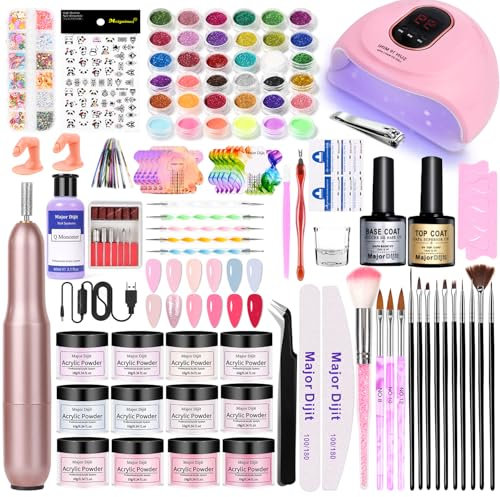 Major Dijit Acryl Nagel Set für Anfänger mit flüssigem Monomer, 12 Acryl Pulver Farben, UV Lampe & komplettem Zubehör – Alles für künstliche Nägel inklusive(Pink)