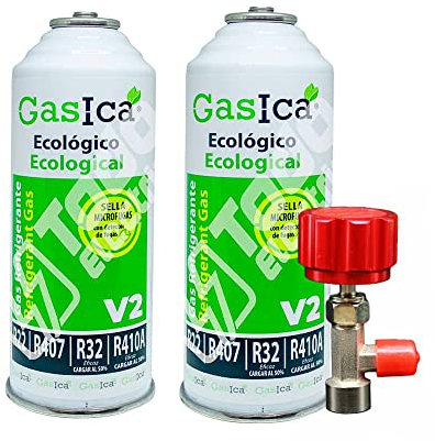 Ralertreik Pack Gasica V2 Gas Refrigerante Ecológico Sustituto del R22/R407/R32 y R410A (2 Botellas + Llave)