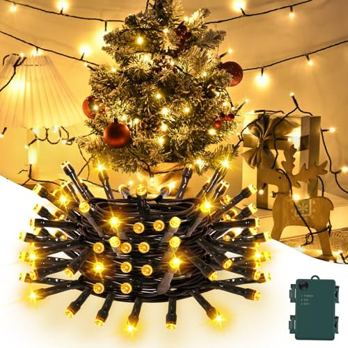 Gcstnn Guirlande Lumineuse a Pile, 5M 50LED Blanc Chaud Lumineuse de Fées de Noël avec Minuterie, IP65 Étanche Fil Vert Girlande de Lumière, pour Noël Arbre Fête Chambre à Coucher In/Extérieur Décor