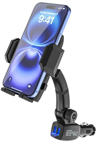 Kolasels Cigarette Lighter Phone Holder Car Mount Charger [Dual USB Fast Charging] Car Cigarette Lighter Socket Phone Mount with Adjustable Arm, Car Phone Holder Charger for iPhone 16 Pro, Galaxy S24