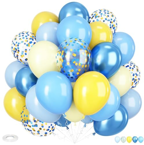 Yellow Blue Balloons, 12 Inch Blue and Yellow Balloons Set Pastel Yellow Metallic Blue Balloon Confetti Balloon for Baby Girls Boys Birthday Graduation Engagement Party Decorations