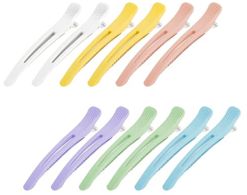 Haarklammer 12 Stück Professionelle Abteilklammern Friseur und Abteilen,Rutschfeste Haarspangen mit Entenschnabel und Silikonband,Haarschneidespangen für Friseursalon und Zuhause(Sechs Farben)