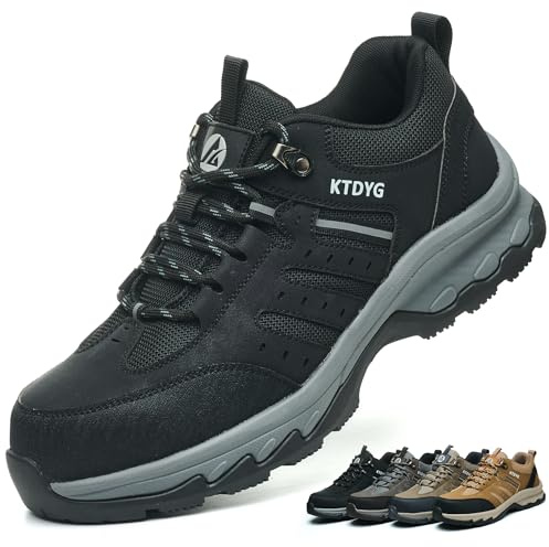 Zapatos de Seguridad para Hombre Mujer Zapatillas Trabajo Ligero Comodo Calzado de Seguridad con Punta de Acero Antideslizante, Negro, 42EU