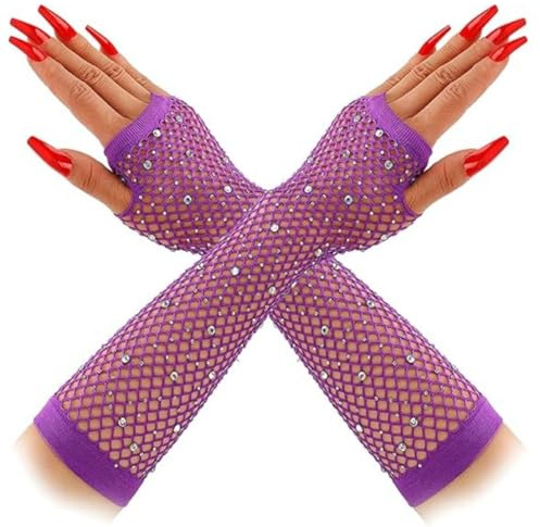 Rhinestones Fishnet Gloves, 1 Pair Mesh Fingerless Fish Net Sparkly Glitter Gloves, Stretchy Elbow Length Neon Mitten for 80s Party Cosplay, Arm Sleeves Bridal Glove for Wedding Halloween Nightclub | 1 Pair Stretchy Long Neon Mitten for 80s Party Cosplay, Arm Sleeves Bridal Glove for Wedding Halloween Nightclub