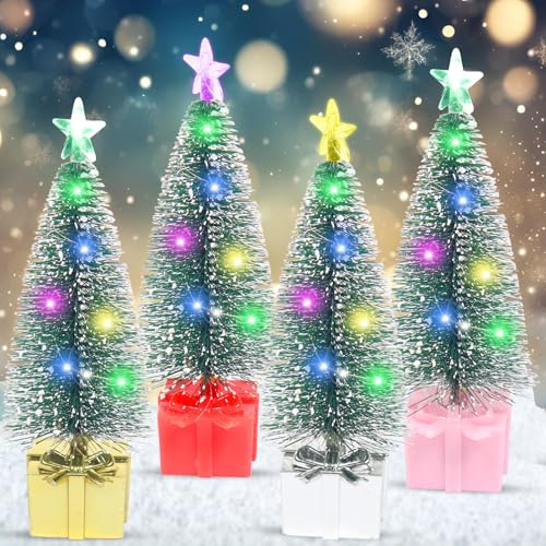 Mini julgran med belysning, 4 stycken LED-konstgjord julgran liten, minigran med färgglad LED, små julgranar, liten gran julgran bordsdekoration, juldekoration