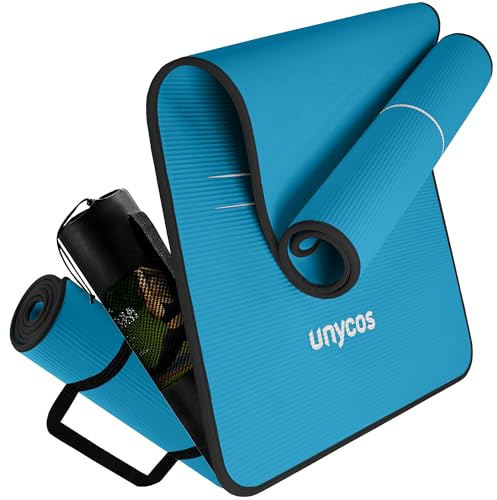 unycos - Tappetino Antiscivolo da Yoga, Pilates e Ginnastica Extra Spesso 10 mm, 183x66 cm | Materassino Fitness, Schiuma NBR, Tracolla, Borsa, E-Book di 50 Esercizi (Blu/Nero)