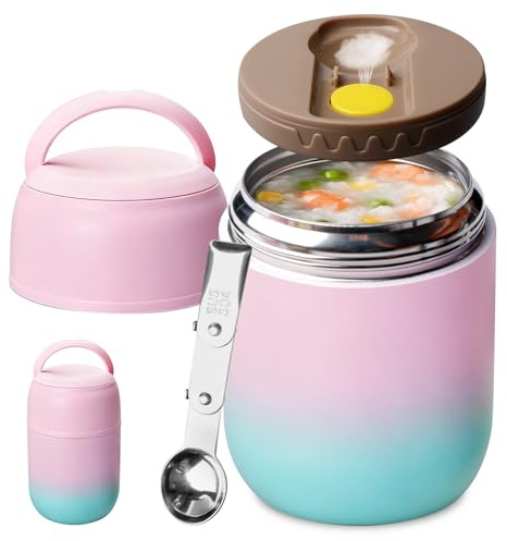 PORFOYO Thermobehälter für Essen 500ml, Warmhaltebehälter Essen Edelstahl mit Löffel, Thermobecher Essen Auslaufsicher, Thermobox für Kinder, Erwachsene, Suppen, Babybrei
