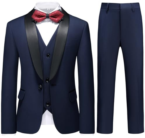 KUDORO Garçon Costume 3 Pièces Classique Slim Fit Costume de Mariage Un Bouton Bal Fête Veste Pantalon Et Gilet(Bleu,10 Ans)