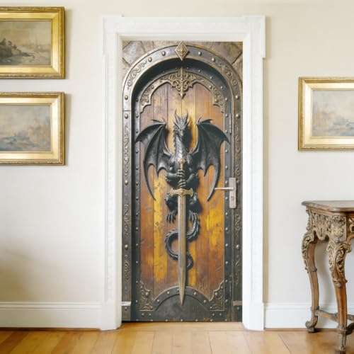 arricraft 2 unidades PVC autoadhesivo para puerta papel pintado, puerta guardián dragón patrón película para puerta con ilusión óptica pegatinas para puerta extraíble papel pintado para decoración de