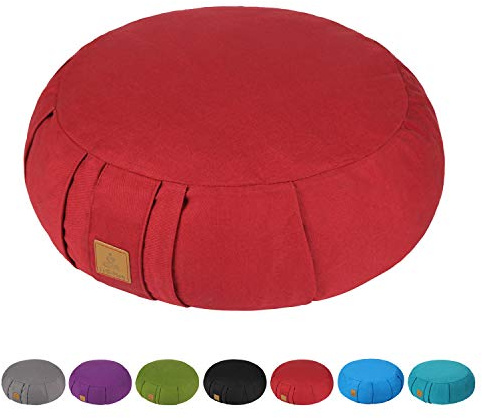 Round Buckwheat Meditation Cushion, D=38cm H=14cm Zafu/Zabuton Meditation Pillow, Yoga Bolster, Floor Pouf, Zippered Organic Cotton Cover, Machine Washable, Crescent Yoga Pillow Large-Wine Red