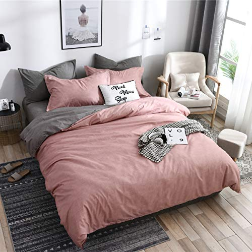 Boqingzhu Wendebettwäsche Rosa Altrosa Grau 135×200 Uni Unifarben Microfaser Bettwäsche Set 2 Teilig, 135×200+80×80 cm