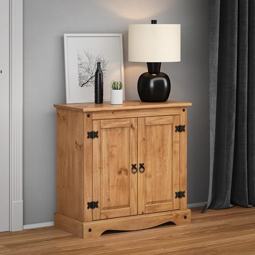Corona Solid Wood Pine 2 Door Cupboard Sideboard Cabinet Wooden Small Unit Chest Storage Living Room Lounge Hallway Kitchen Bedroom Mexican Style 73cm High 75cm Wide 36cm Deep