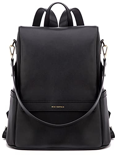 MIA + SOPHIA Leather Diaper Bag Backpack with USB Charging port, Changing Pad, Stroller Straps (Black Mia)
