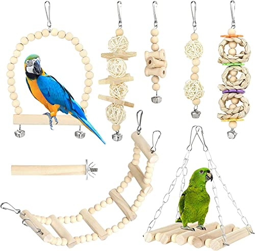 GWHOLE Juguetes para Pájaros para Periquitos Set de 8 Piezas Columpio para Loros, Juguetes para Masticar, Colgantes, Accesorios para Jaulas de Pájaros, Accesorios de Juego para Loros, Cacatúas
