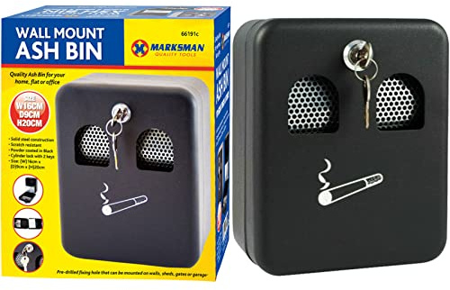 MARKSMAN Ash Bin | Steel Ashtray | Black | Compact Small | Outdoor | Pub | Club | Home | Office | Flat | Cigarette | Cigar | Wall Mounted | Lockable | (W16cm x D9cm x H20cm) With Keys UK FREE P&P