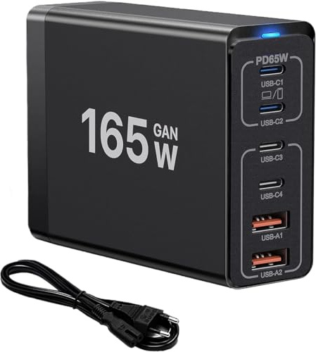 USB C Ladegerät Mehrfach, 165W 6 Port Ladegerät [4USB-C + 2USB-A] 65W Typ C Netzteil, USB C Ladestation Power Adapter Kompatibel mit MacBook/iPhone 15/16/Galaxy S23/S24/Laptop/Tablet