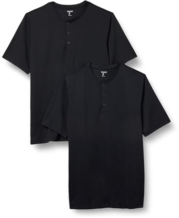 Amazon Essentials Henley Shirts for Men, Short Sleeve, Quick-Dry Jersey, Regular-Fit, 2-Pack, Black, Large