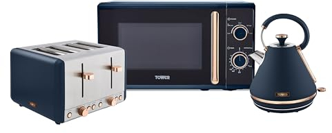 Tower Cavaletto Kitchen Set, 1.7L Rapid Boil Kettle & 4 Slice Toaster & 20L Manual Microwave, Midnight Blue and Rose Gold, T10044MNB, T20051MNB, T24038MNB