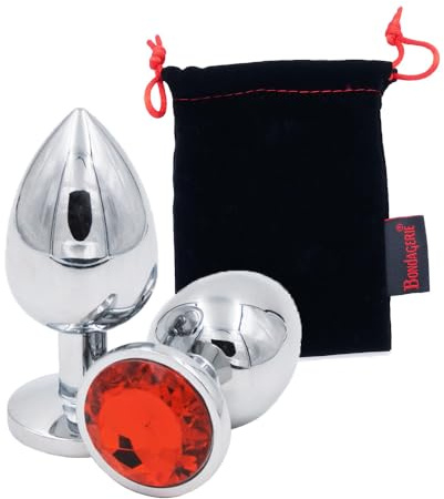 BONDAGERIE® Plug Anale Sextoy italiano 100% Sicuro dilatatore uomo donna con gioiello rosso in metallo e sacchetto, Taglia L