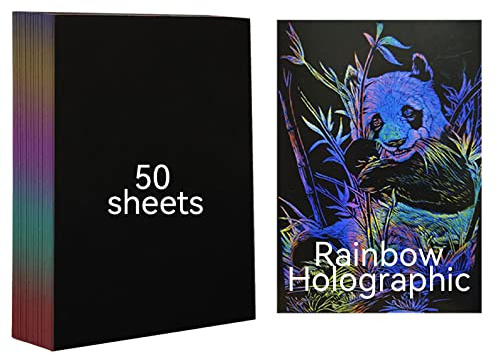 Uadme Kratzbilder, 50 Blatt A4 Regenbogen Holografisch Kratzpapier für Kinder und Erwachsene, Laser Gravur Material für Handwerk Zeichenspielzeug Geschenke