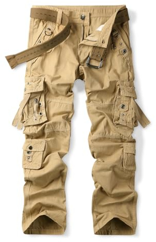 Aeslech Pantalon cargo en coton pour homme, décontracté, ample, pour le travail, la randonnée et les voyages, avec poches, coupe décontractée (sans ceinture), kaki, 48