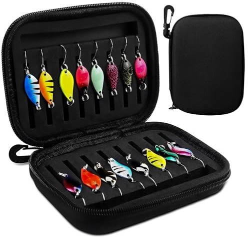 Voarge 16 stycken minifiskeskedar set med fodral, öringbete, hårdmetallspinner bete för abborre, öring, lax