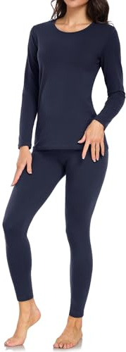 wirarpa Women's Thermal Underwear Set Cotton Warm Base Layer Lightweight Long Sleeve Top & Pyjama Bottoms Navy Size M