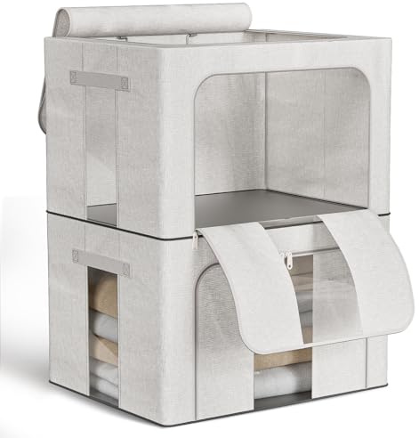 Boic 2 Piezas Organizador Armario Rígido y Plegable 66L, Cajas Almacenaje Ropa Con Marco De Metal, Bolsas Para Guardar Ropa Plegable Contenedores De Almacenamiento De Ropa Cajas Apilables Gris