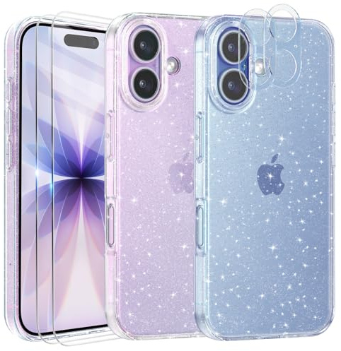 Tikgue Funda Compatible con iPhone 17 con 2 Unidades de Protector de Pantalla de Cristal Templado y 2 Protector de Lente de Cámara, Carcasa Transparente Glitter Brillante de Silicona TPU