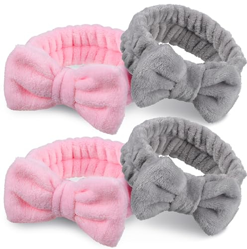 COLLBATH Lot de 4 Bandeaux Spa pour Cheveux et Soins Visage, Taille Unique, en Polaire Douce, Couleurs Gris et Rose, Adaptés pour Femmes et Filles, Maquillage, Sport, Yoga et Nettoyage du Visage