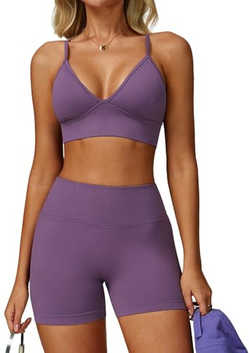JTSONN Sportset för Damer Ribbat gymset Sportoutfit Yogaset med Spaghettiband Träningsset Fitnesskläder V-ringad Ryggfri sport-BH Kombinerat Scrunch-yogashorts Sömlösa Sportkläder Tvådelat