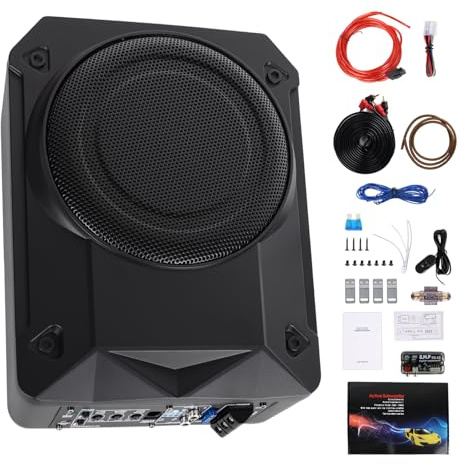 Realdio aktiv subwoofer, ultratunn bilsubwoofer, lämplig för bil/lastbil, med integrerad förstärkare, kan monteras under sätena, maximal effekt 800 W, kompakt subwoofer