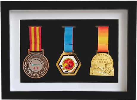 Massiv trä medaljlåda, trädisplay fodral för medaljer och hedersmärken? Maratonmedalj förvaringsbox, krigsmässigt tre medalj i svart ram, 3D djup låda ram för att visa krig/militär/idrottsmedaljer