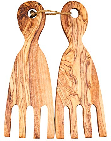 Posate da insalata in legno d'ulivo, circa 18 x 7 cm, posate da cucina, utensili da portata unici in legno