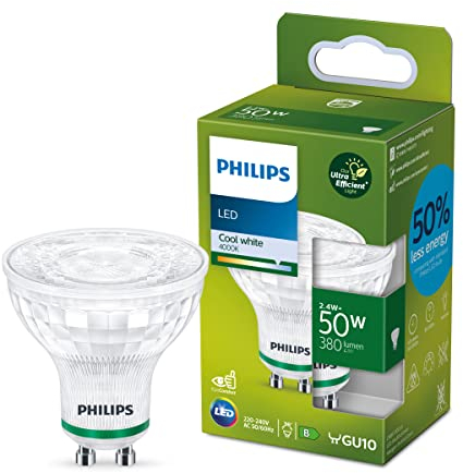 Philips LED Classic ultraeffiziente GU10 Lampe, B-Label, 50W, klar, kaltweiß