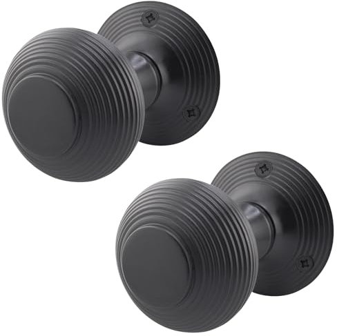 EAI Beehive Reeded Black Door Knobs | 1 Pair of Matt Black Mortice Knobs (55mm) for Internal Doors