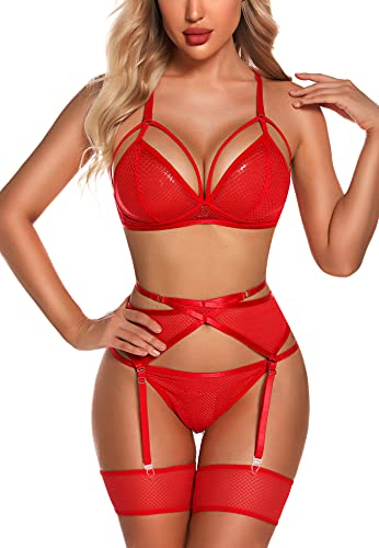 EVELIFE Women Lingerie Set with Garter Belt 4 Pieces Bra and Panty Sets High Waisted Suspenders Underwear No Stockings (Red,M)
