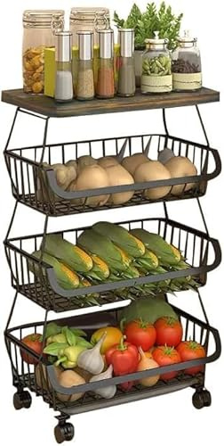 Baotkere Paniers de Rangement empilables en Fil de métal avec roulettes, étagère de Rangement à 4 Niveaux, Chariot à Fruits et légumes, étagère à Vaisselle pour Salle de Bain, Garage et Garde-Manger