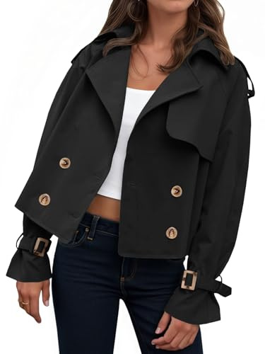 Tankaneo Womens Cropped Trench Coat Oversized Double Breasted Lapel Long Sleeve Short Jacket Fashion Outerwear, Black, S