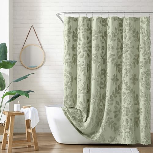 Peri Home 100% Cotton Fabric Shower Curtain for Bathroom, 72 x 72 inches, Sage Chenille Laurel