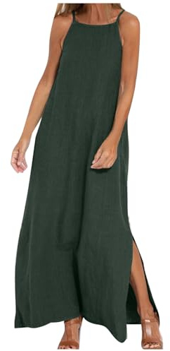 Robe longue ample en coton et lin avec bretelles spaghetti et col carré, sans manches, pour les vacances, les vacances, les vacances, les loisirs, l'été, les vacances, les vacances, les loisirs,