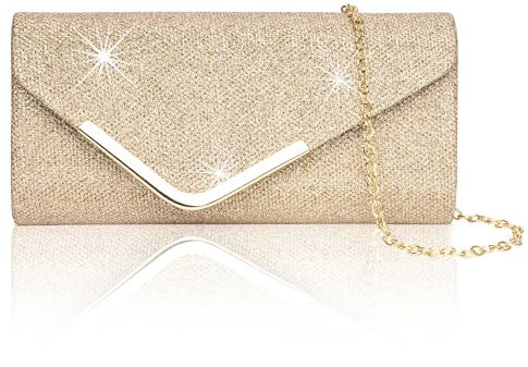 Larcenciel Women's Clutches, Shiny Sequins Evening Bags with Detachable Chain, Envelope Handbags for Ladies, Elegant Cross Body Shoulder Bags for Women Bridal Prom Party Wedding, Champagne