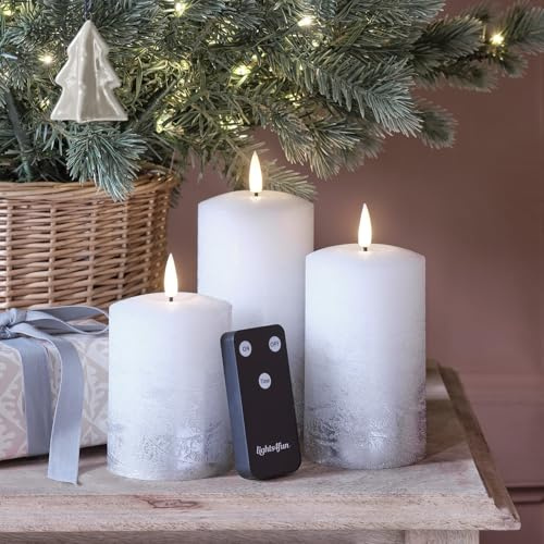 Lights4fun 3er Set LED TruGlow® Weihnachtskerzen Silber Ombre mit Fernbedienung und Timer Batterie Weihnachtsdeko Silber Tischdeko Weihnachten