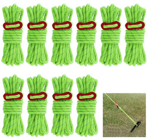 Reflective Tent Guy Ropes, 10 PCS Green Tent Guide Rope Cord, 4M Long Camping Guy Lines 4mm Light-Weight Ropes Cord (Green)