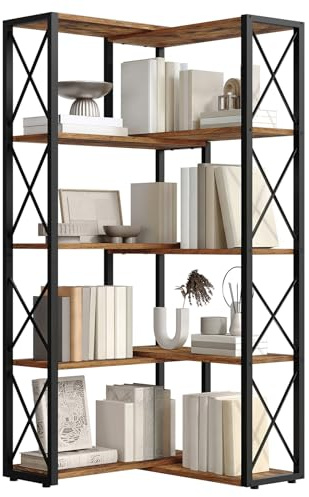 HOOBRO Corner Bookshelf, 5-Tier Industrial Corner Bookcase, Open Display Storage Rack, Vertical or L-Shaped, for Office, Living Room, Bedroom, Rustic Brown and Black BF66SJ01