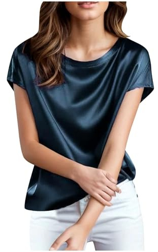 Hauts Femme Chic et Élégant Satin Blouse Été Manches Courtes Hauts Col Rond Chemisier Soirée Fête Couleur Unie Blouse pour Bureau Fête
