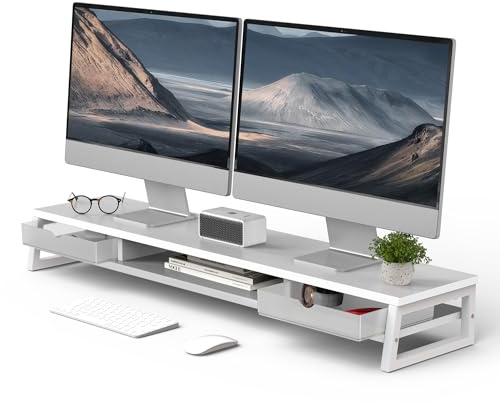 Fenge Dual Monitorständer Riser mit 2 Acryl Schubladen 2 Etagen 108cm Computer Bildschirmständer für PC/Laptop/Fax/Drucker/TV, Tragfähigkeit 45KG (Weiß)