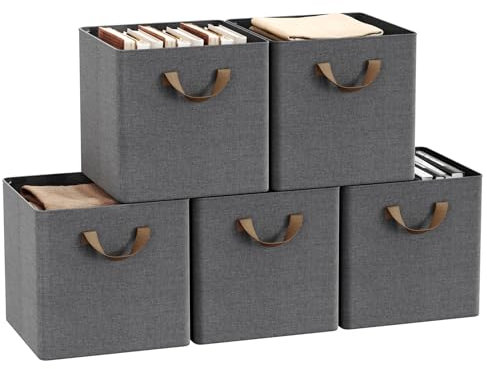 WOLTU Fabric Storage Boxes Set of 5, Collapsible Cube Baskets with Handles and Metal Frame, Wardrobe Organisers for Bedroom, Living Room, Study, Linen, Grey, 29.5x29.5x28.5cm