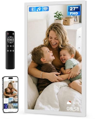 Arktronic 27 Large Digital Picture Frame, 32GB, Anti-Glare Non-Touch, WiFi Wall-Mount Frame for Home/Business, 1920x1080 FHD, Share via App, Email, USB & Micro SD, Remote Included, White