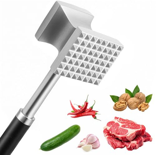 Druuzyl Marteau à Viande Professionnel 27cm en INOX - Double Face Plat/Zingué avec Manche Antidérapant, pour Steak/Poulet/Porc, Attendrisseur de Viande Cuisine Résistant et Hygiénique